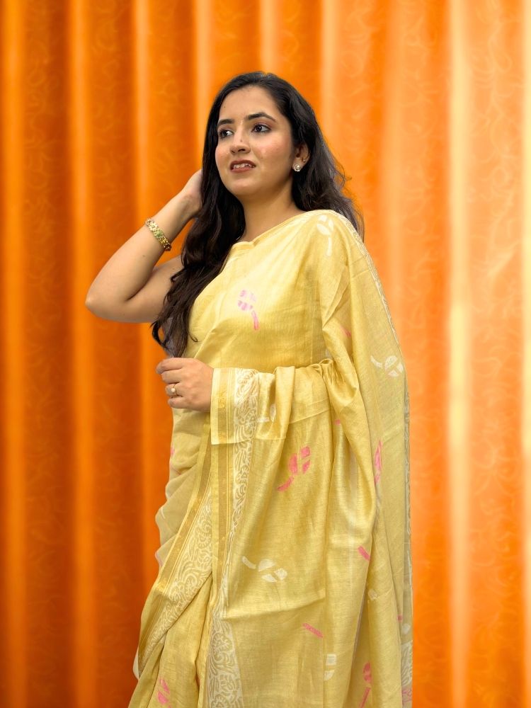 Golden Blossom – Yellow Chanderi Silk Saree with Floral Block Print